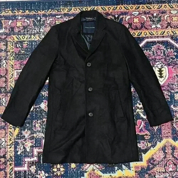 Tommy Hilfiger Black Wool Blend‎ Overcoat Trench Car Coat Button Front Men's M - Picture 1 of 2